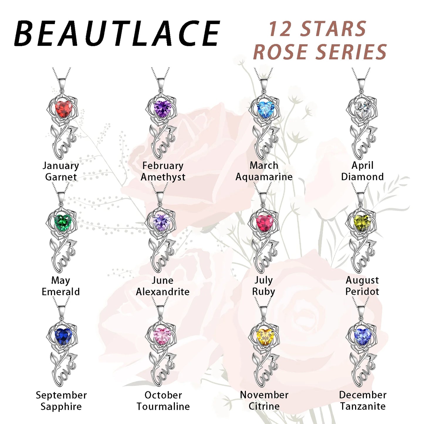 Rose Love Neckalce,925 Sterling Silver Birthstone Pendant Necklace Jewelry Birthday Christmas Mother'S Day Gifts for Women Mom