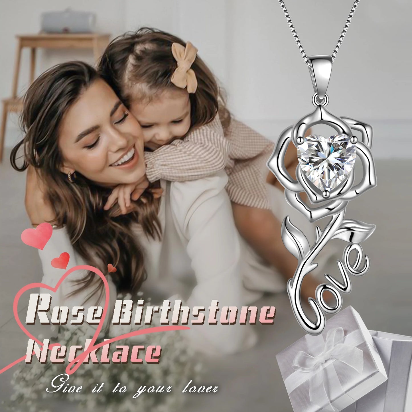 Rose Love Neckalce,925 Sterling Silver Birthstone Pendant Necklace Jewelry Birthday Christmas Mother'S Day Gifts for Women Mom