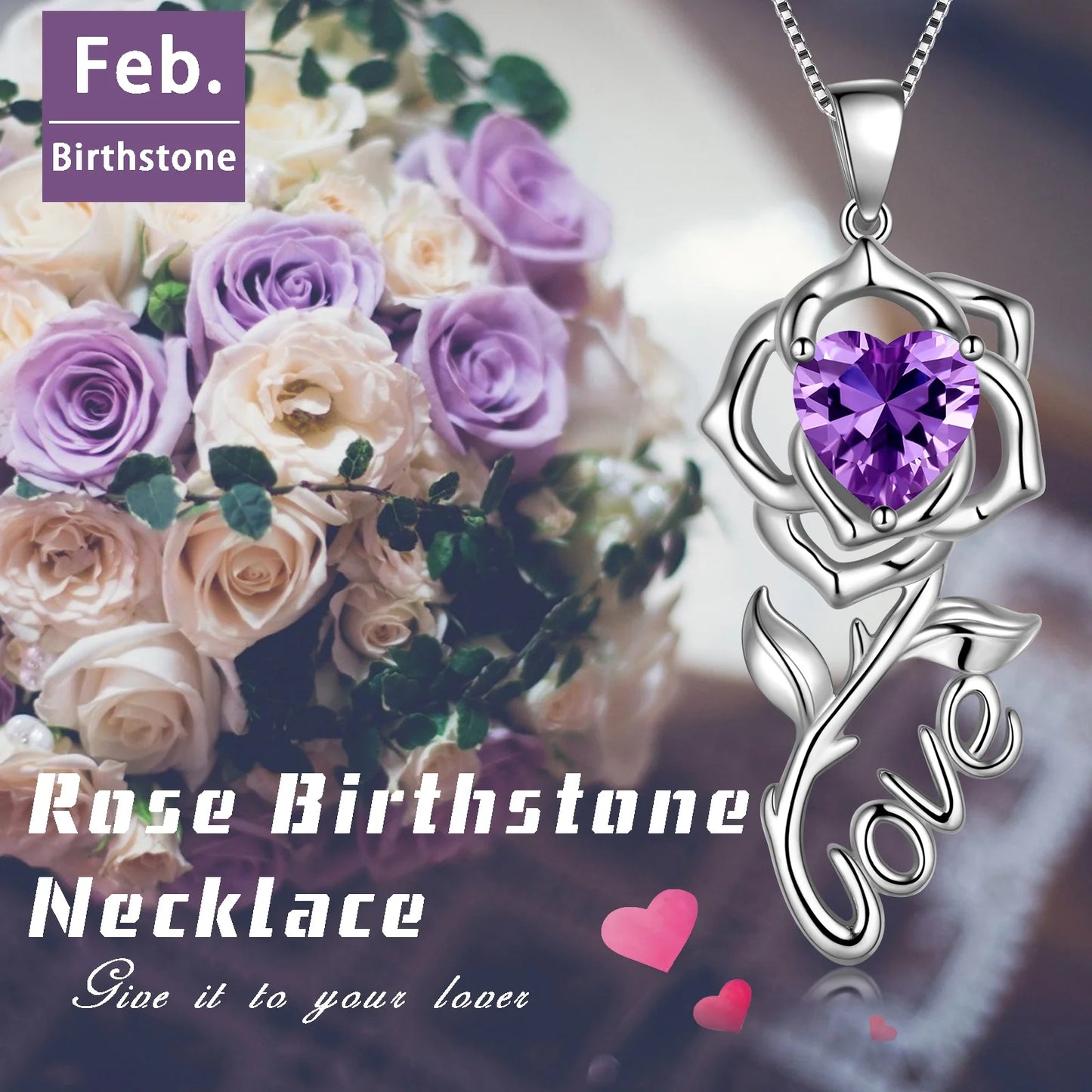 Rose Love Neckalce,925 Sterling Silver Birthstone Pendant Necklace Jewelry Birthday Christmas Mother'S Day Gifts for Women Mom