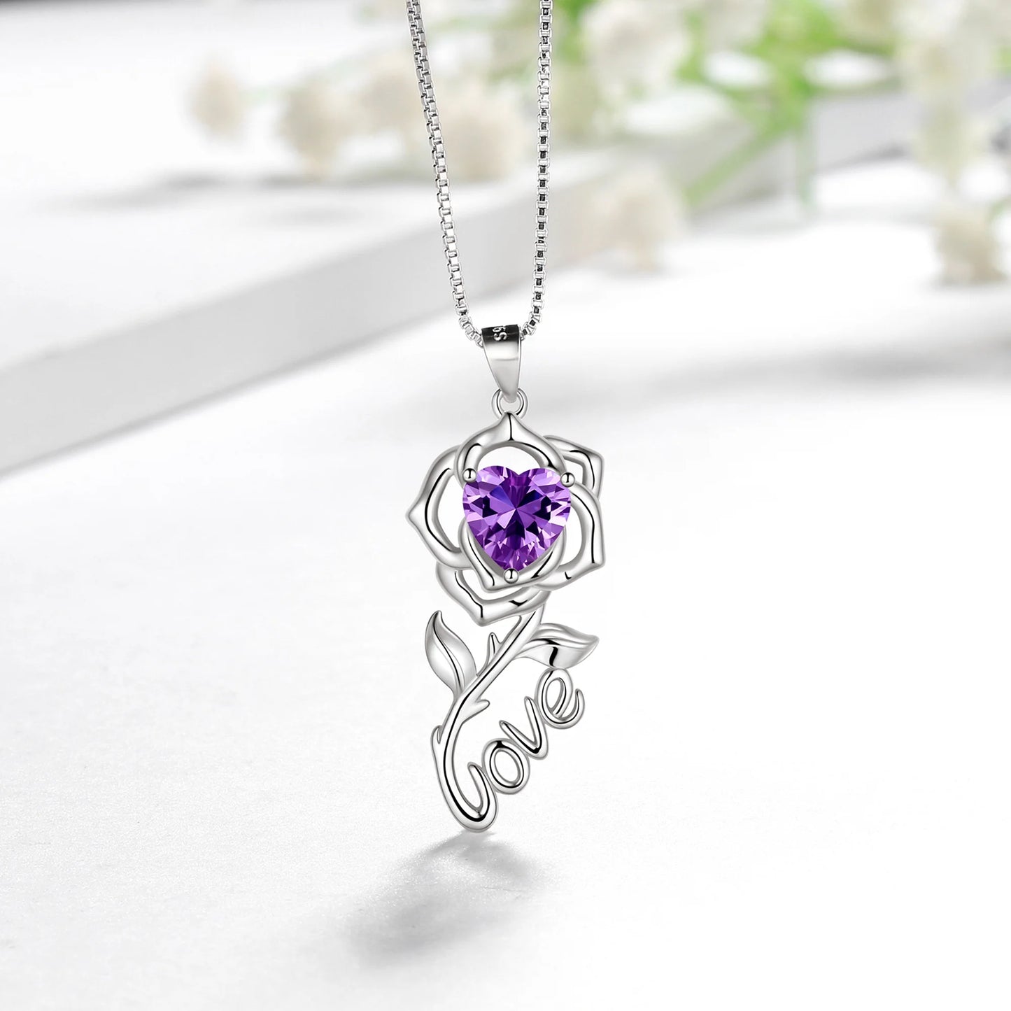 Rose Love Neckalce,925 Sterling Silver Birthstone Pendant Necklace Jewelry Birthday Christmas Mother'S Day Gifts for Women Mom