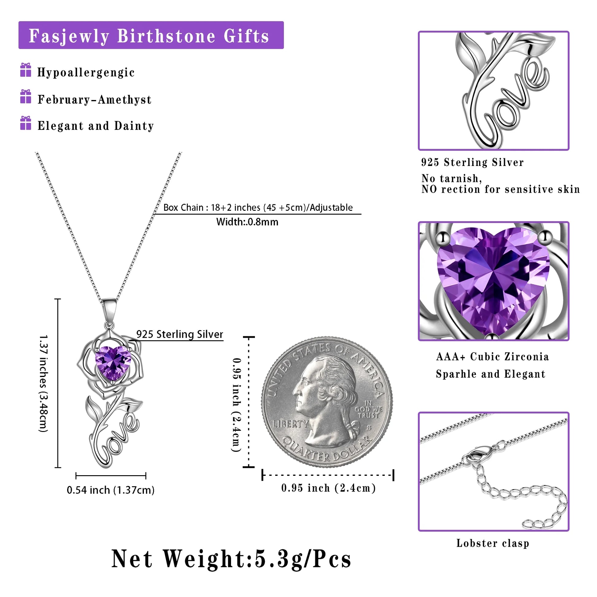 Rose Love Neckalce,925 Sterling Silver Birthstone Pendant Necklace Jewelry Birthday Christmas Mother'S Day Gifts for Women Mom