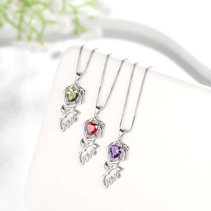 Rose Love Neckalce,925 Sterling Silver Birthstone Pendant Necklace Jewelry Birthday Christmas Mother'S Day Gifts for Women Mom